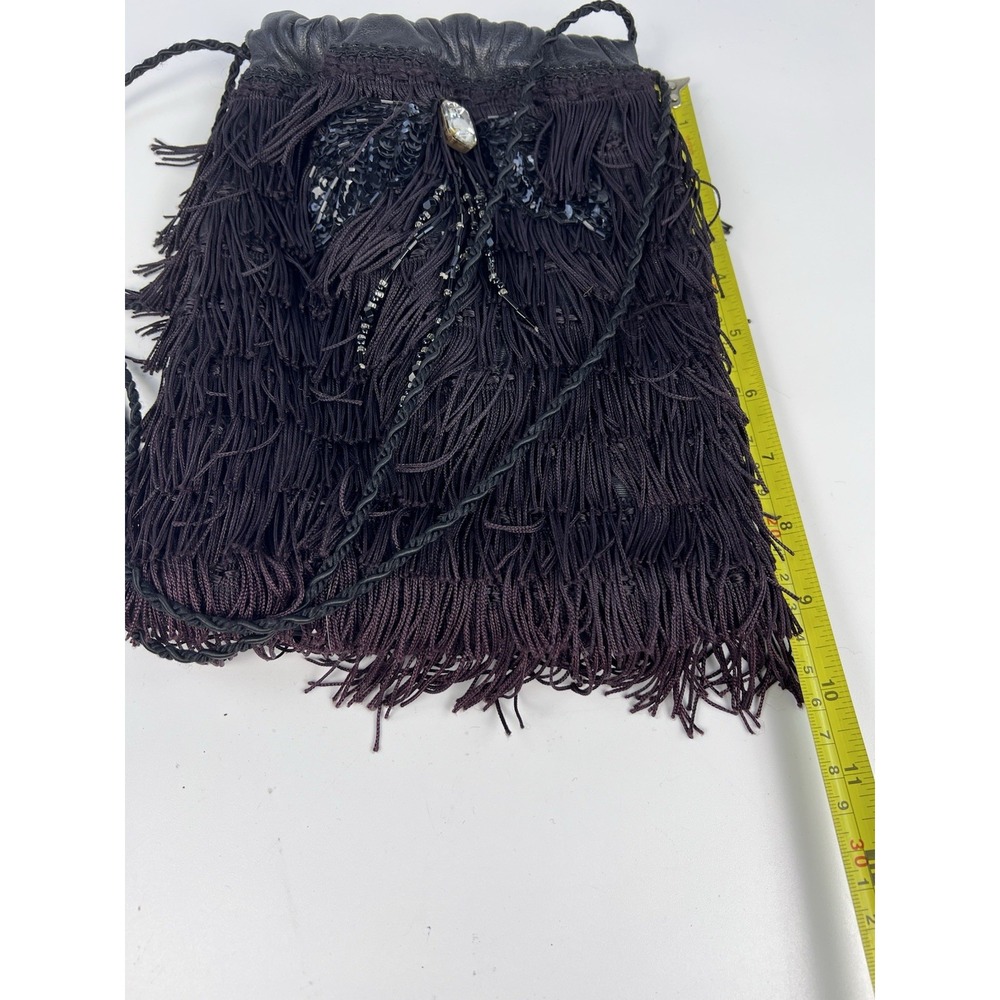 Vintage Flapper Style Black Fringe Evening Bag Rhinestone Beaded Crossbody - Picture 7 of 8